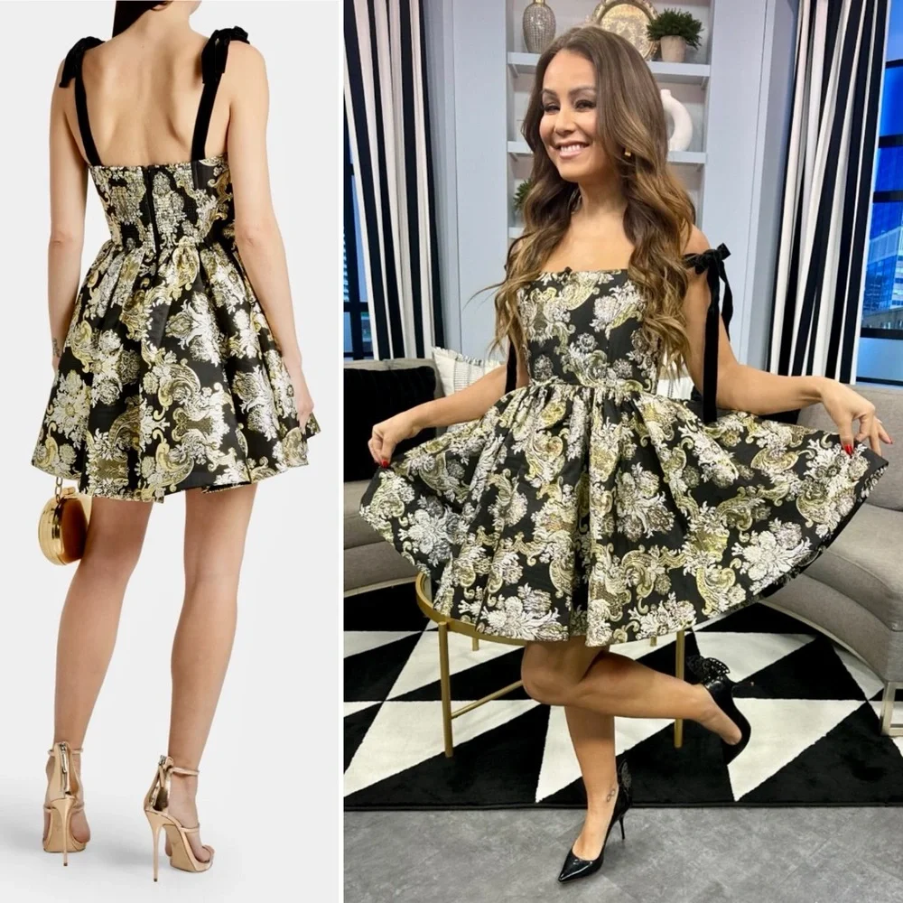 Alice + Olivia Fay Jacquard Corset Metallic Mini Dress Black Gold Silver 4 Small - Picture 13 of 14